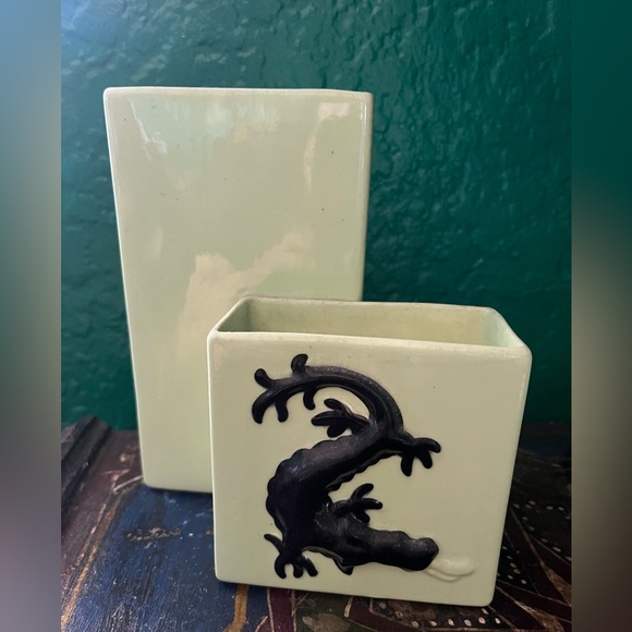 Mid Century Jade 50’s Green Ceramic Vase with Black Dragon Accent